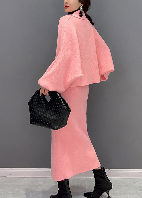Pink V Neck Button Woolen Top and Maxi Skirts Two Pieces Set Winter