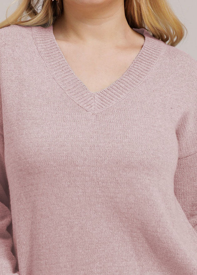 Pink V Neck Thick Knit Sweater Long Sleeve