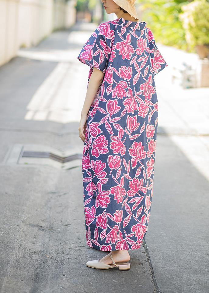 Pink Print Summer Cotton Dress Batwing Sleeve Maxi Dress