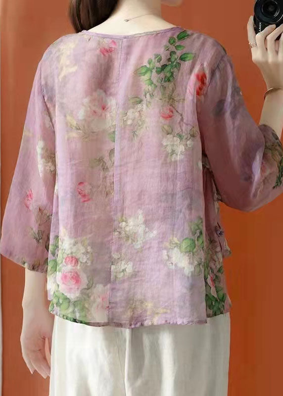 Purple Asymmetrical Print Linen Blouses Half Sleeve