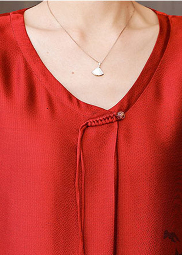 Red Gradient Color O-neck Tassel Print Silk Dresses Short Sleeve