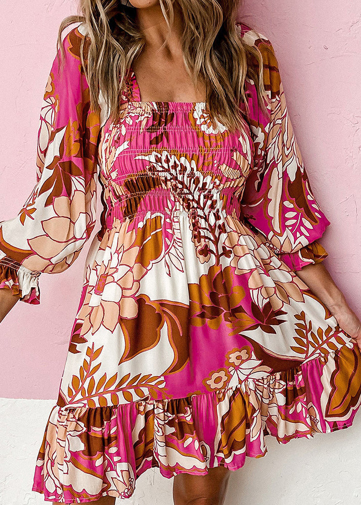 Rose Square Collar Wrinkled Mid Dress Fall