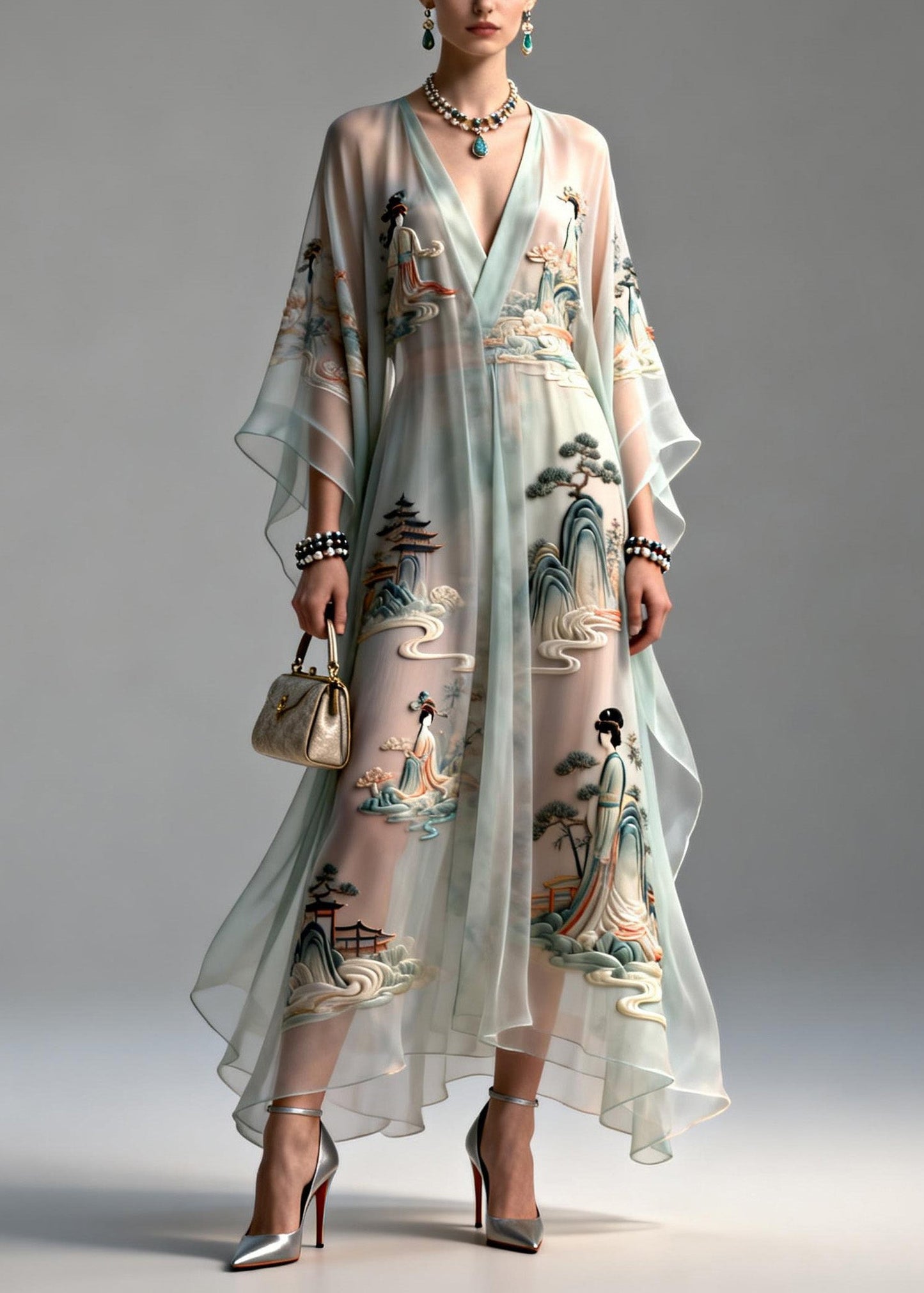 V Neck Asymmetrical Design Print Chiffon Dress Summer