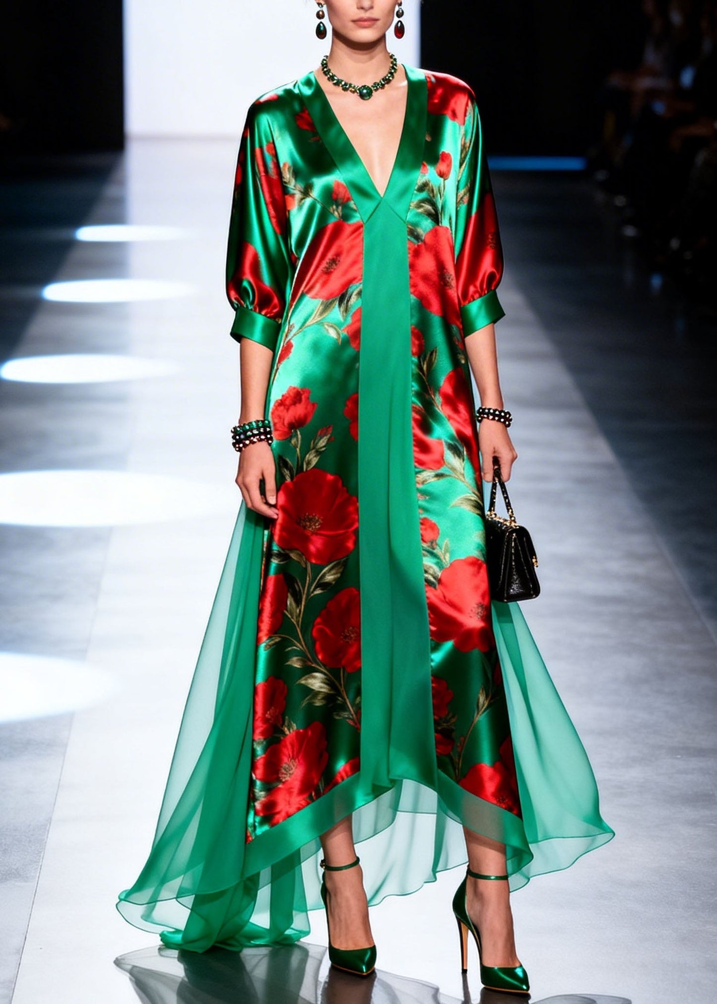 V Neck Print Patchwork Chiffon Maxi Dresses Summer