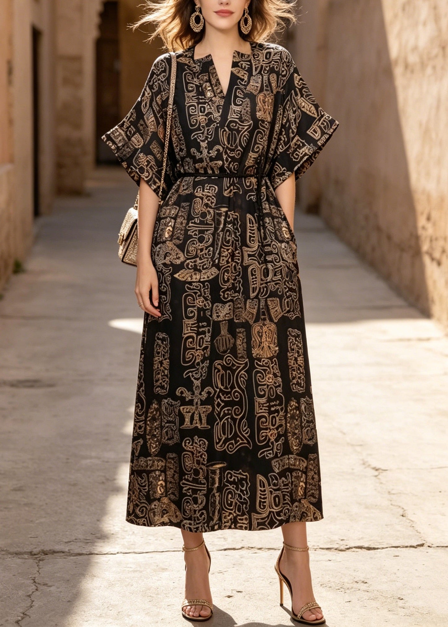 V Neck Print Pockets Cotton Dresses Summer
