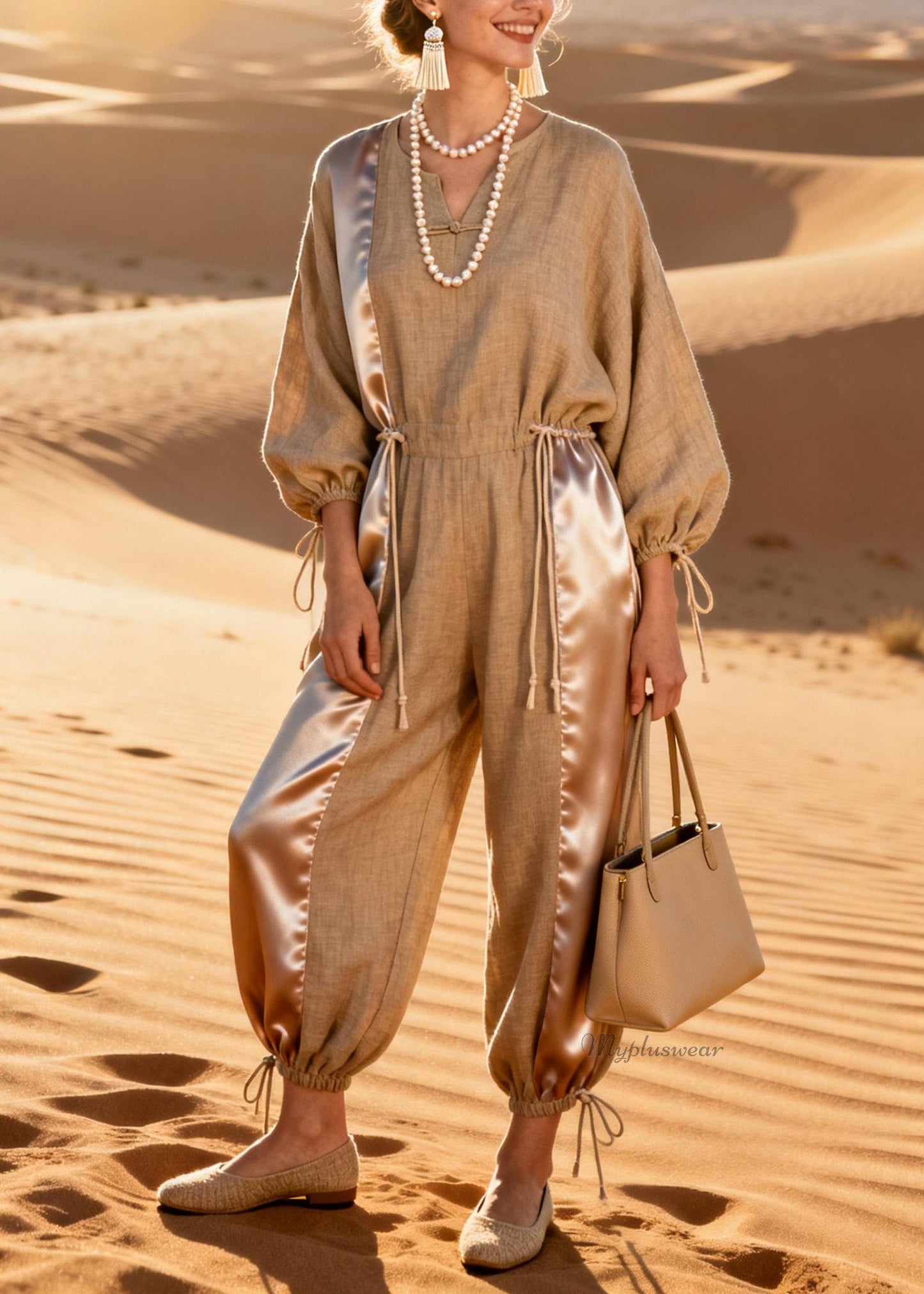 V-neck Silk Patchwork Drawstring Linen Jumpsuit Spring