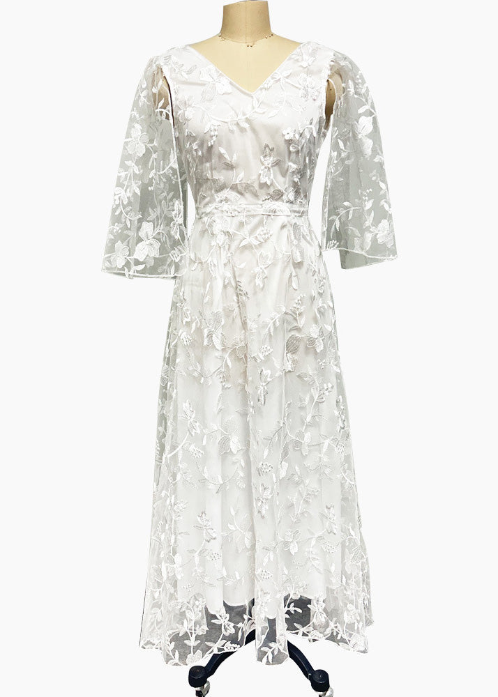 White V Neck Backless Tulle Lace Long Dress Summer