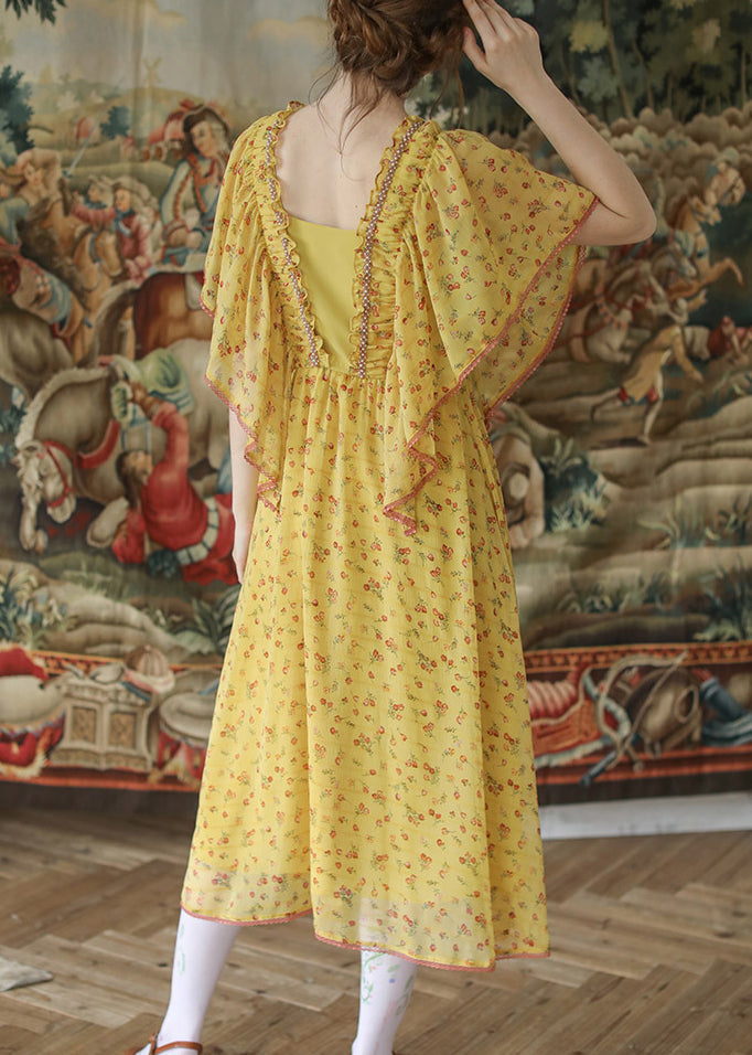 Yellow Ruffled Lace Up Nail Bead Chiffon Long Dresses Summer