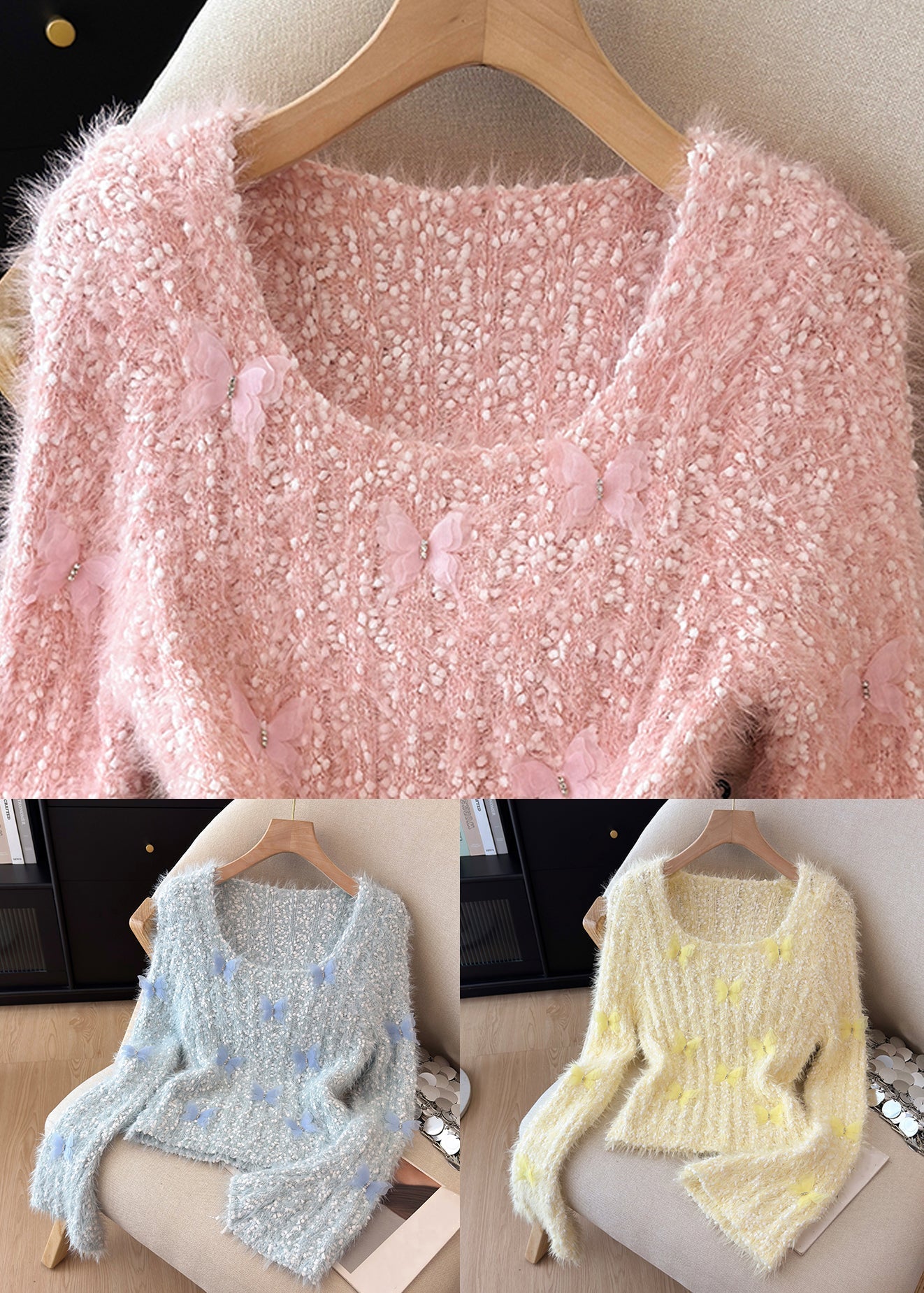 Yellow Square Collar Butterfly Knit Sweaters Winter