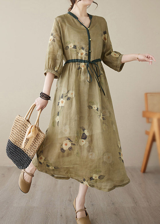 Yellow V Neck Print Wrinkled Tie Waist Linen Long Dresses Summer