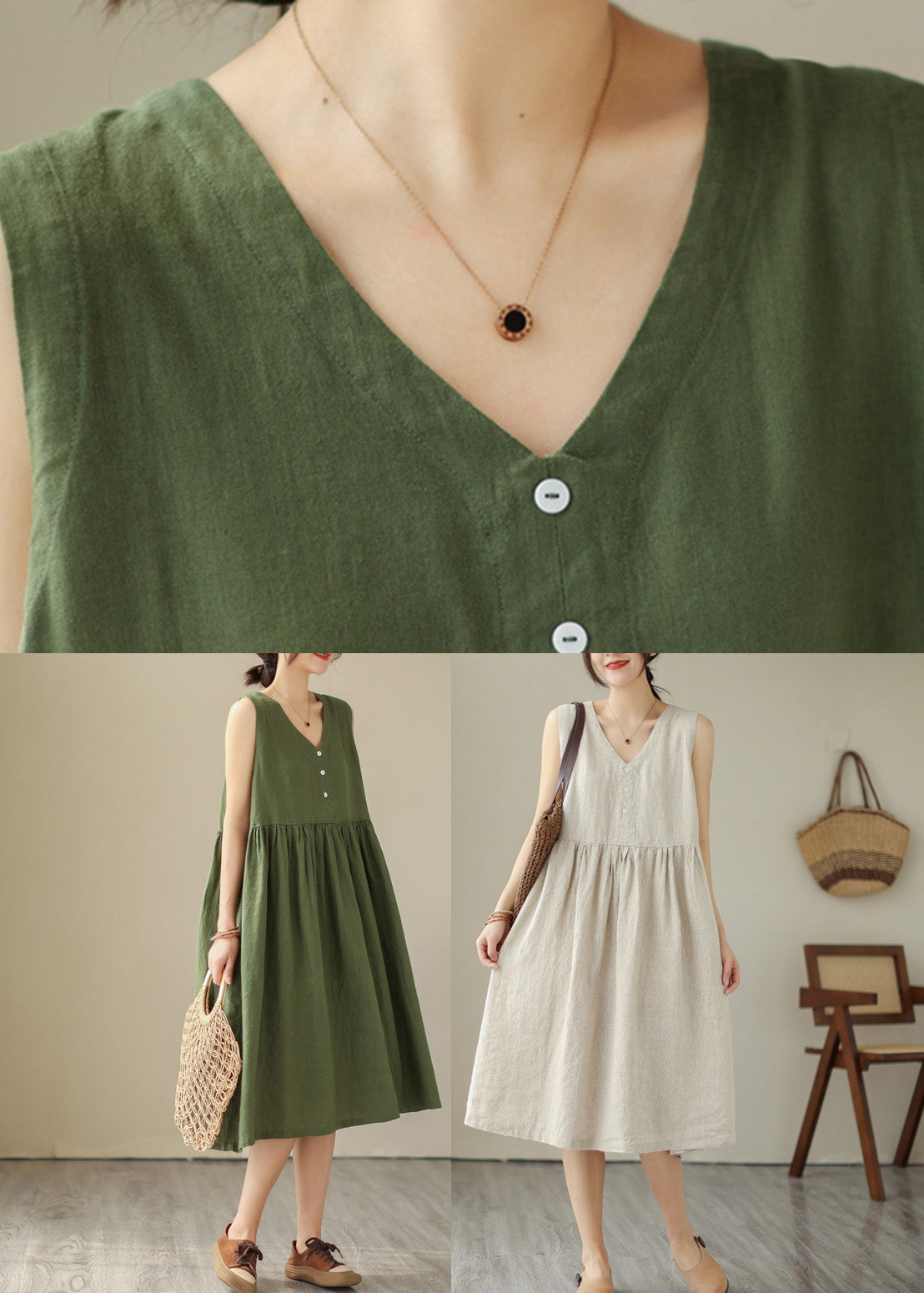 Beige O-neck Cotton Long Dress Sleeveless
