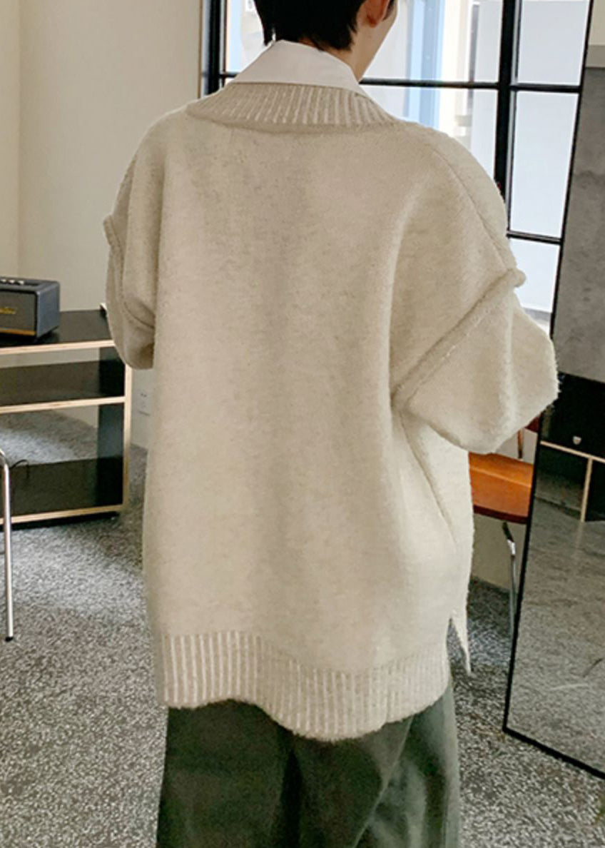Beige Patchwork Knit Fall Sweaters V Neck
