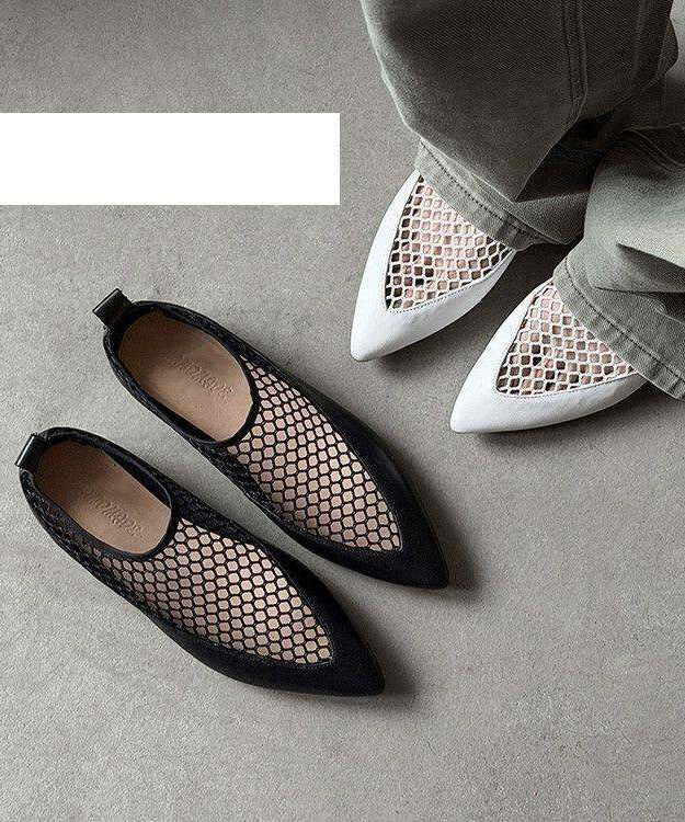 Black Flat Shoes Tulle Splicing Cowhide Leather Pointed Toe