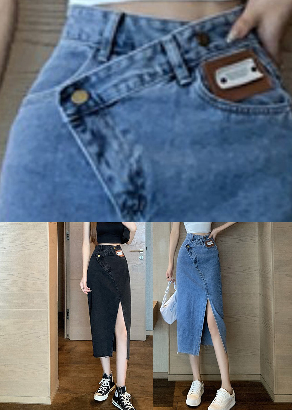 Black High Waist Pockets Button Denim a Line Skirt