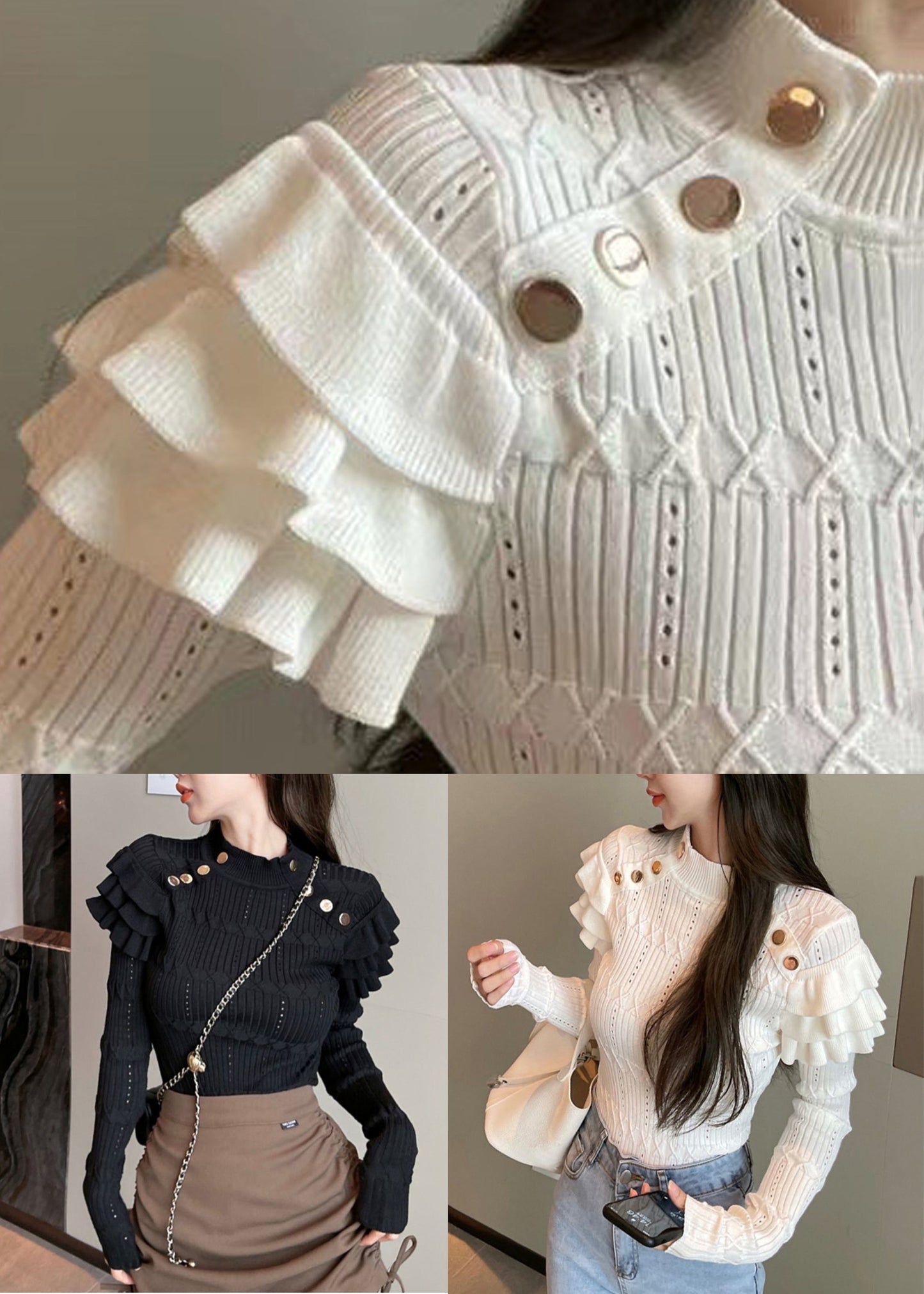 Black Hollow Out Knit Sweater Ruffled Winter