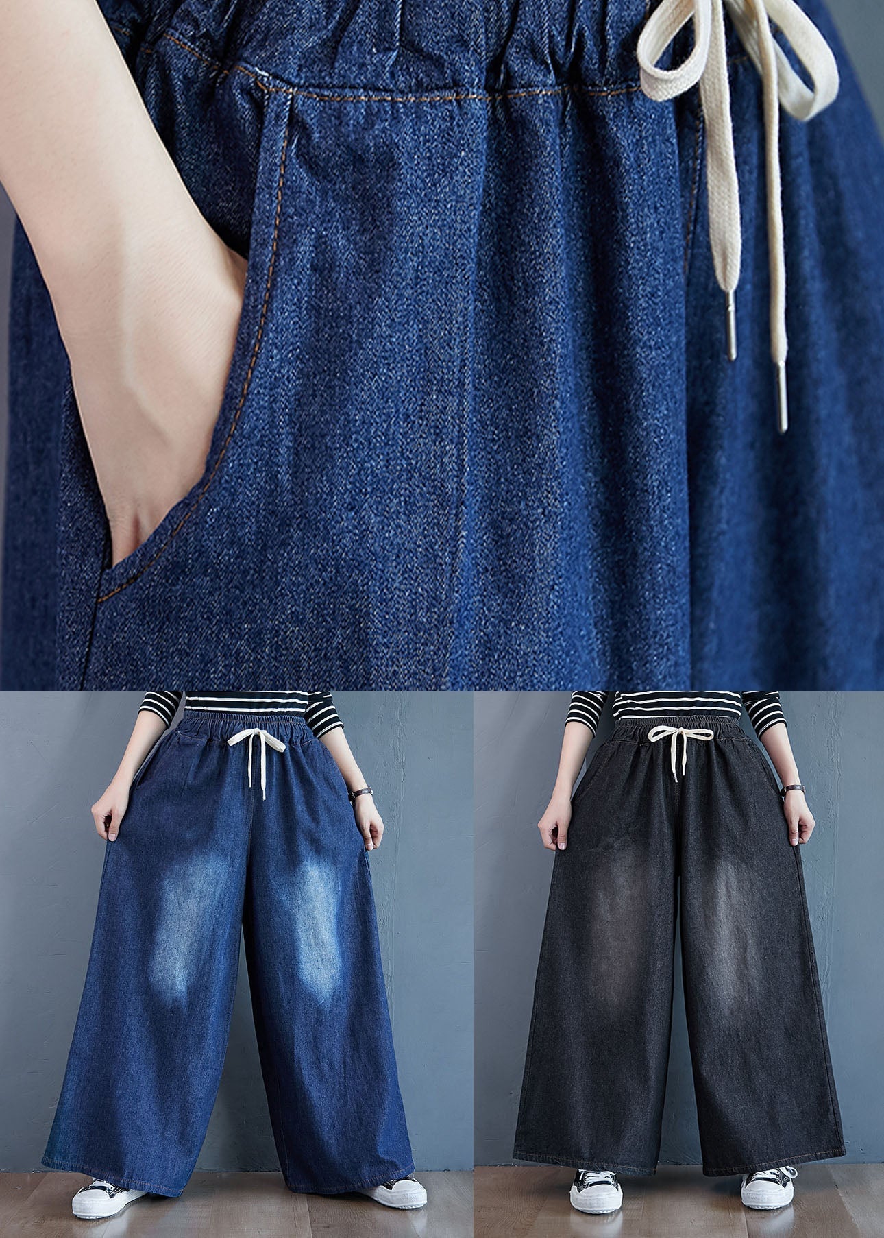 Black Pockets Patchwork Denim Wide Leg Pants Elastic Waist Spring