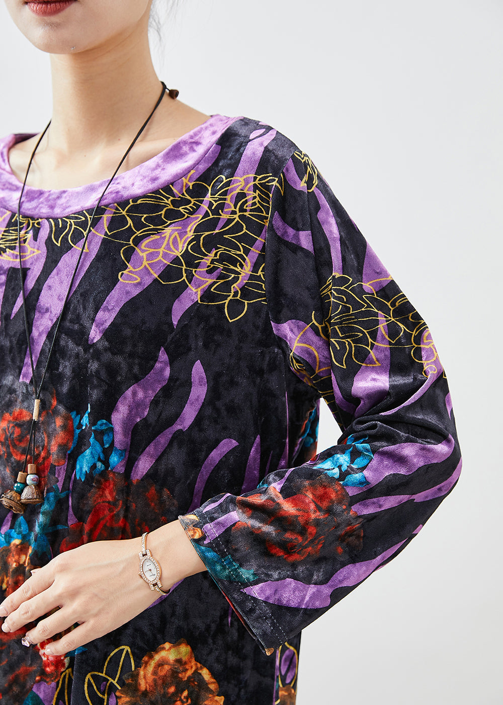 Black Print Silk Velour Mid Dress O-neck Fall