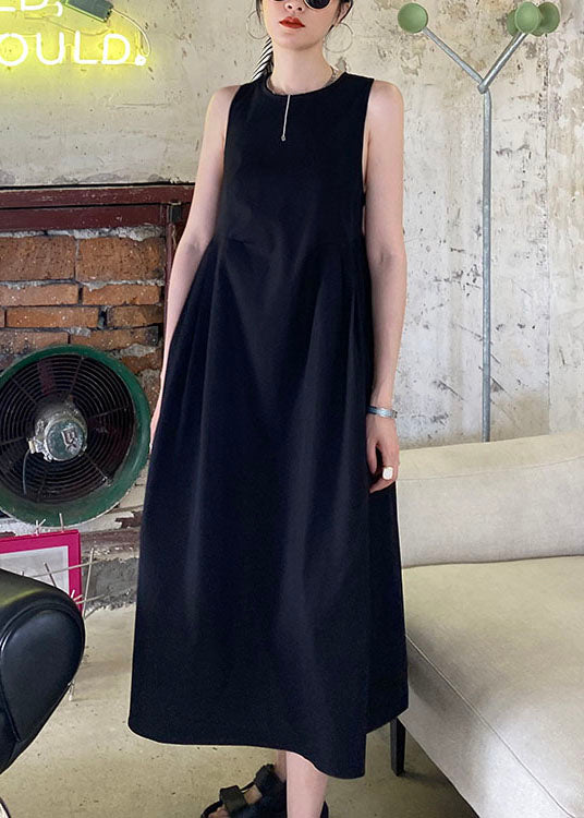 Black Wrinkled Patchwork Cotton a Line Dress O Neck Sleeveless
