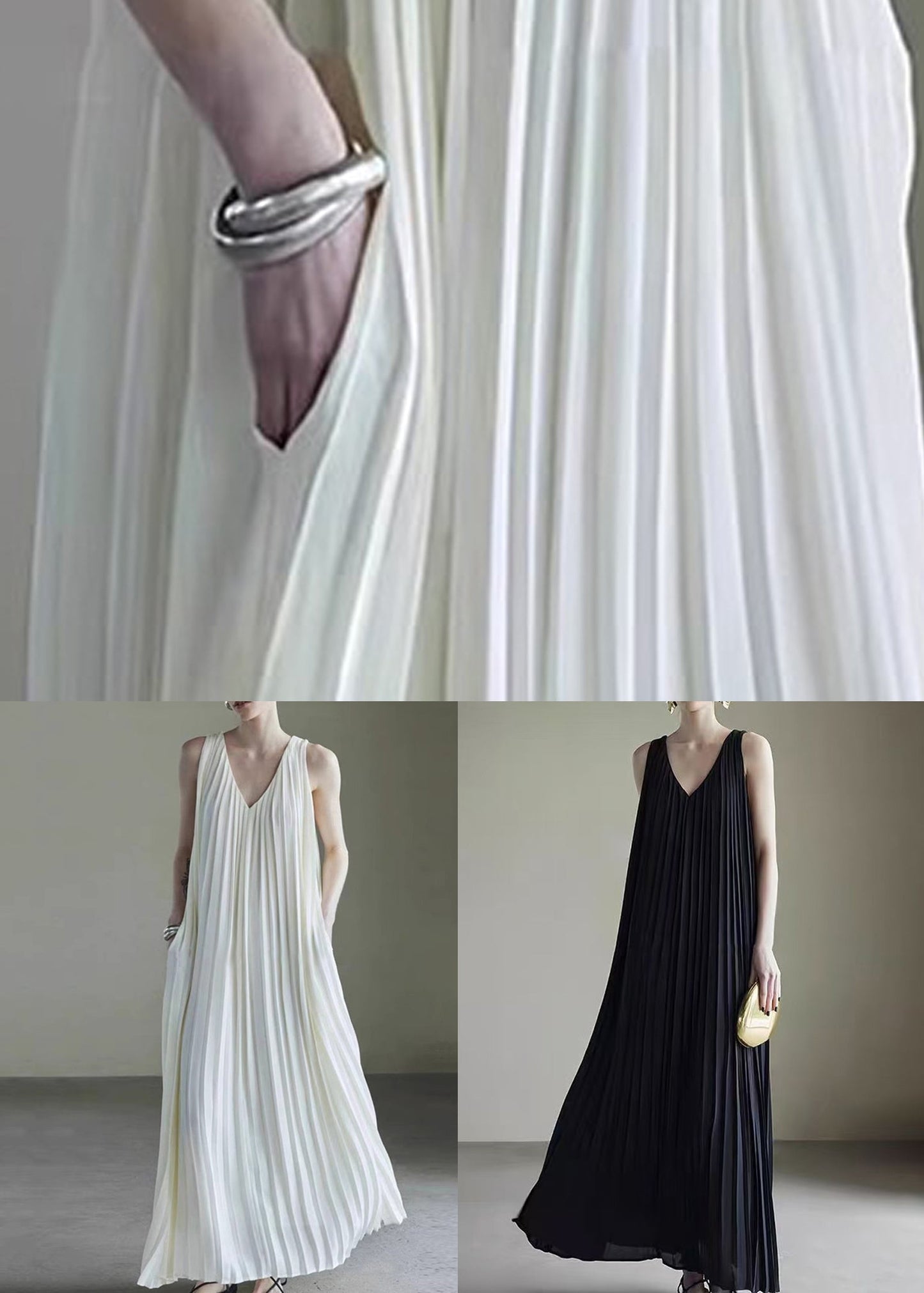 Black Wrinkled Pockets Chiffon Long Dresses V Neck Summer