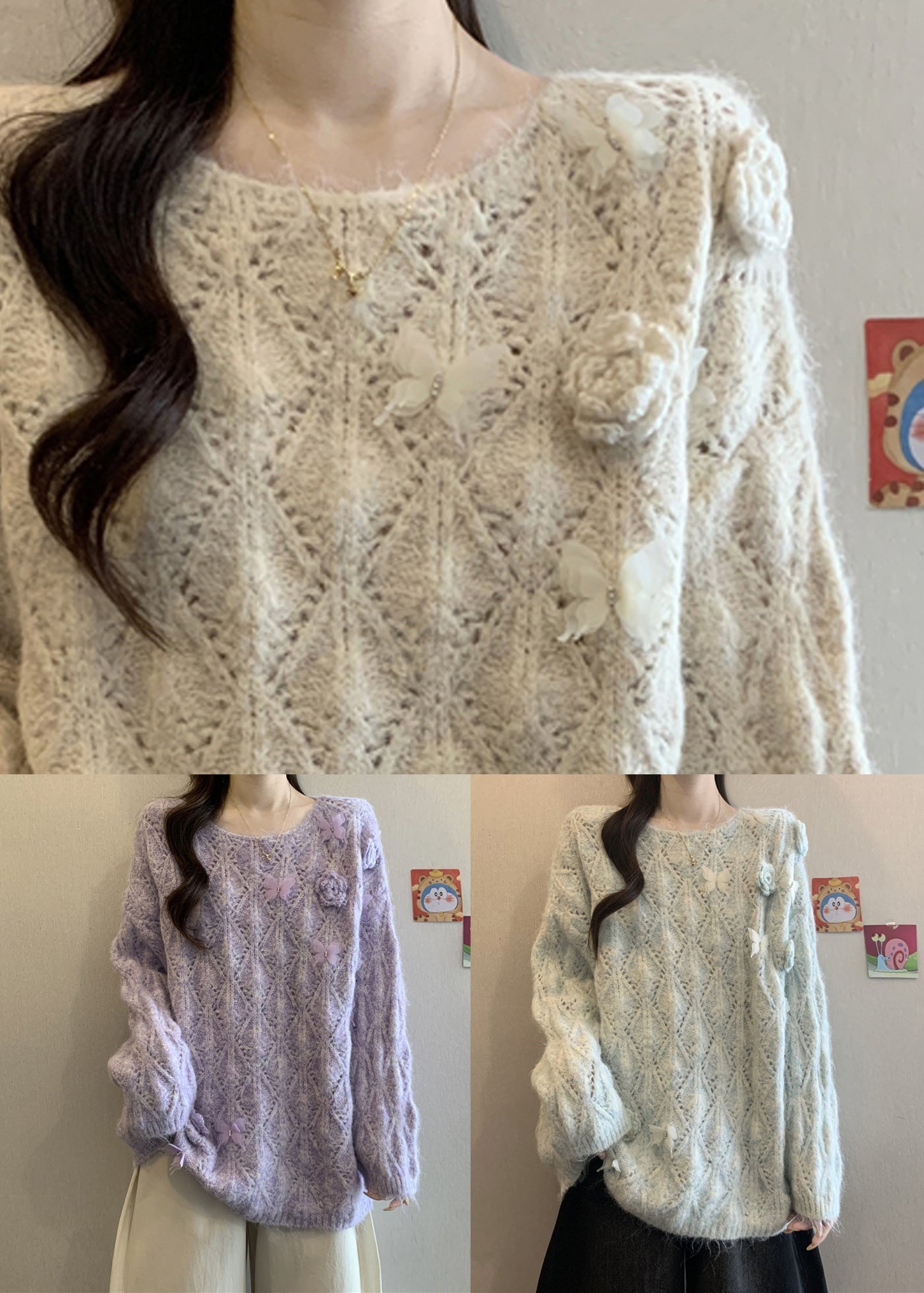Blue Hollow Out Knit Knit Shirts O Neck Long Sleeve