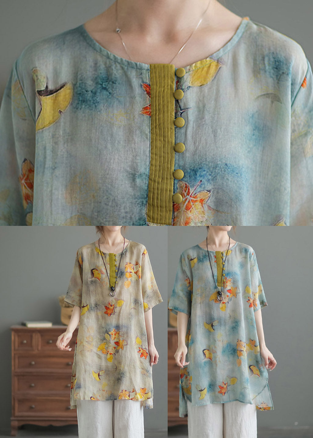 Blue O-neck Print Low High Design Linen Shirts Half Sleeve