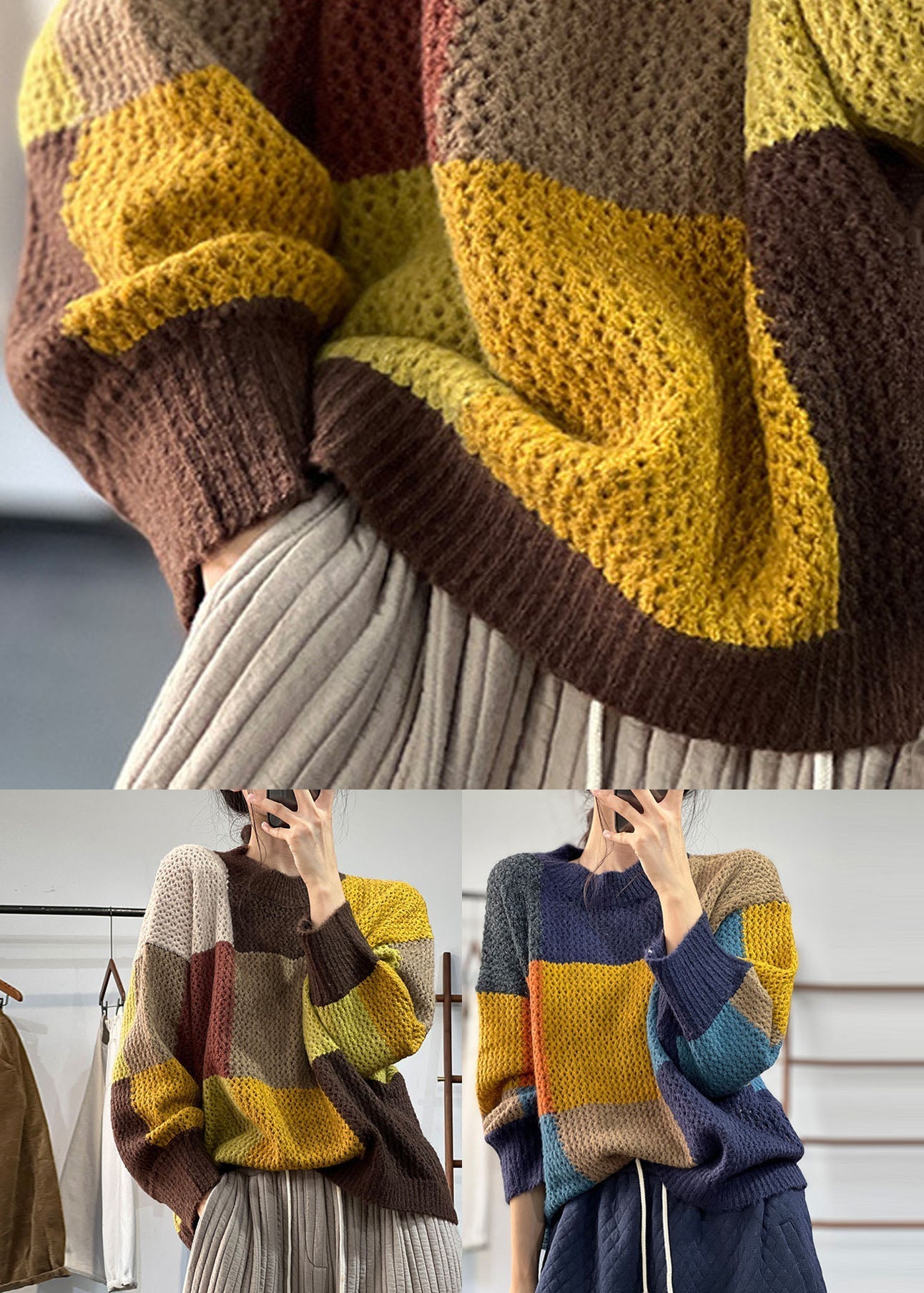 Blue Warm Patchwork Knitted Tops O-neck Oversized Winter