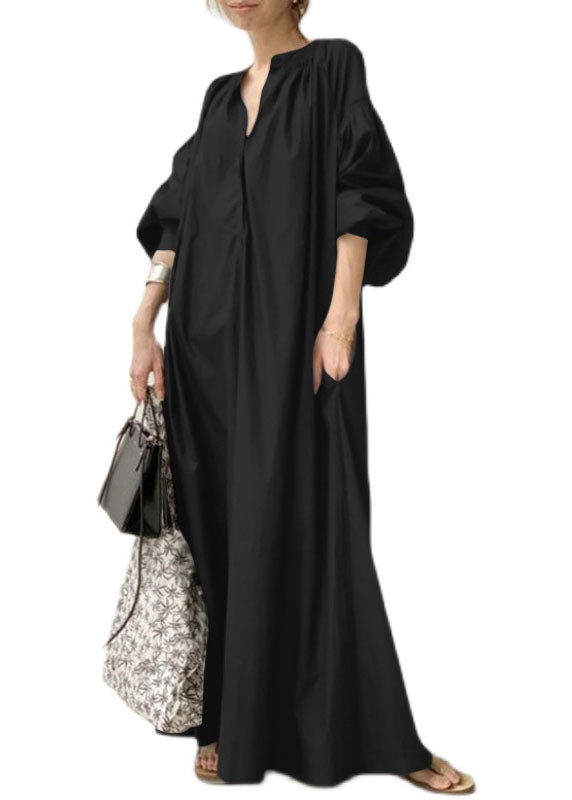 Apricot V Neck Oversized Long Dresses Lantern Sleeve