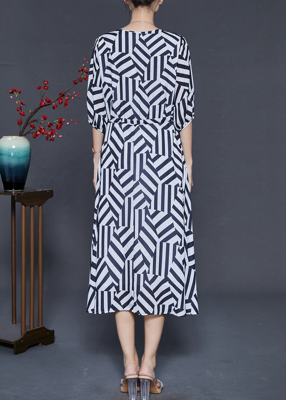 Black Cinched Striped Chiffon Dress Summer