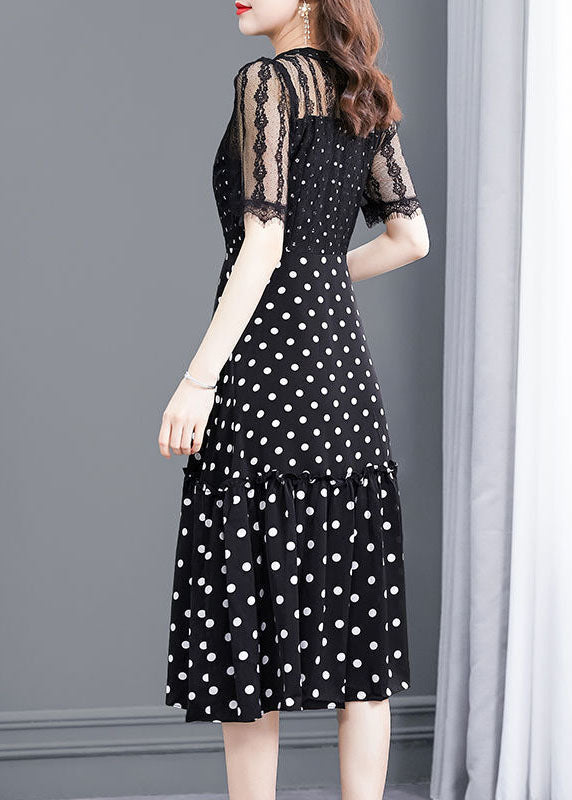 Black Dot Lace Patchwork Hollow Out Long Dresses Summer