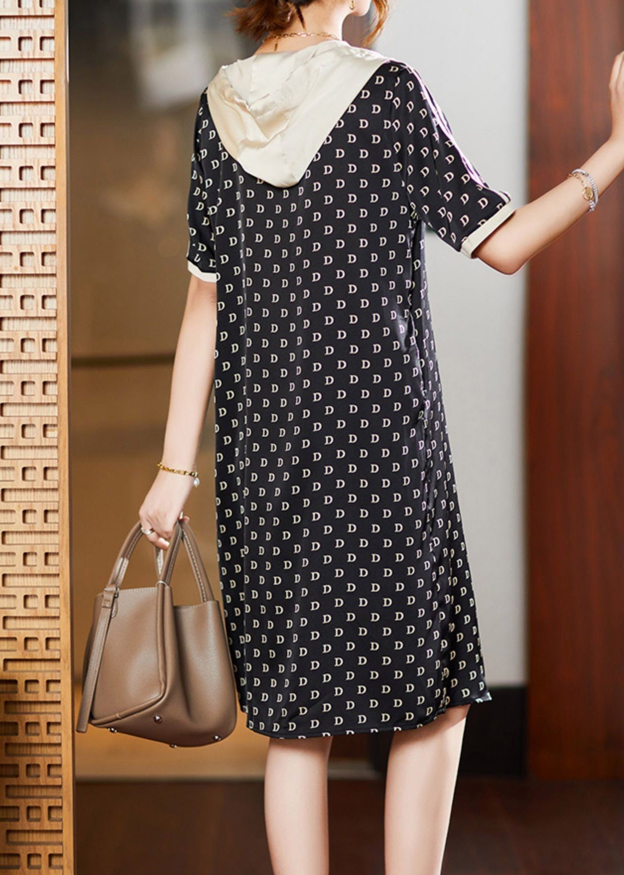 Black Graphic Print Patchwork Neck Tie Hooded Maxi Dresses Short Sleeve