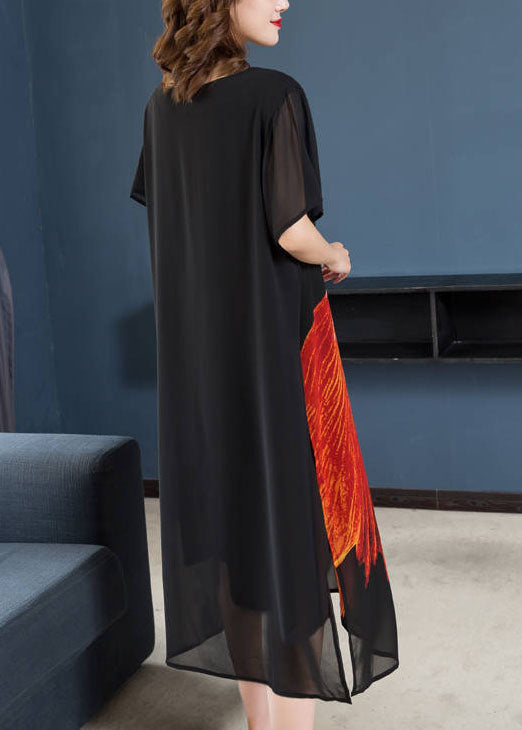 Black O Neck Animal Print Patchwork Chiffon Dresses Summer