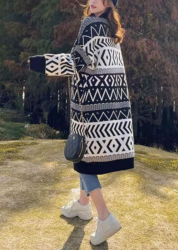 Black Oversized Print Thick Knit Loose Cardigan Winter