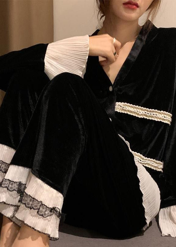 Black V Neck Lace Patchwork Silk Velvet Two Pieces Set Spring
