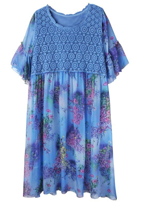 Blue Print Chiffon Patchwork Summer Dresses