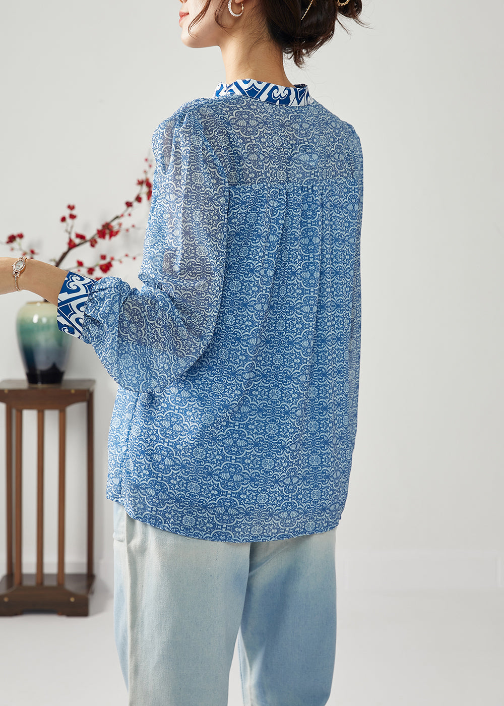 Blue Print Patchwork Wrinkled Chiffon Blouses Spring