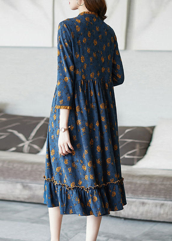 Blue Ruffled Print Wrinkled Cotton Dress Bracelet Sleeve