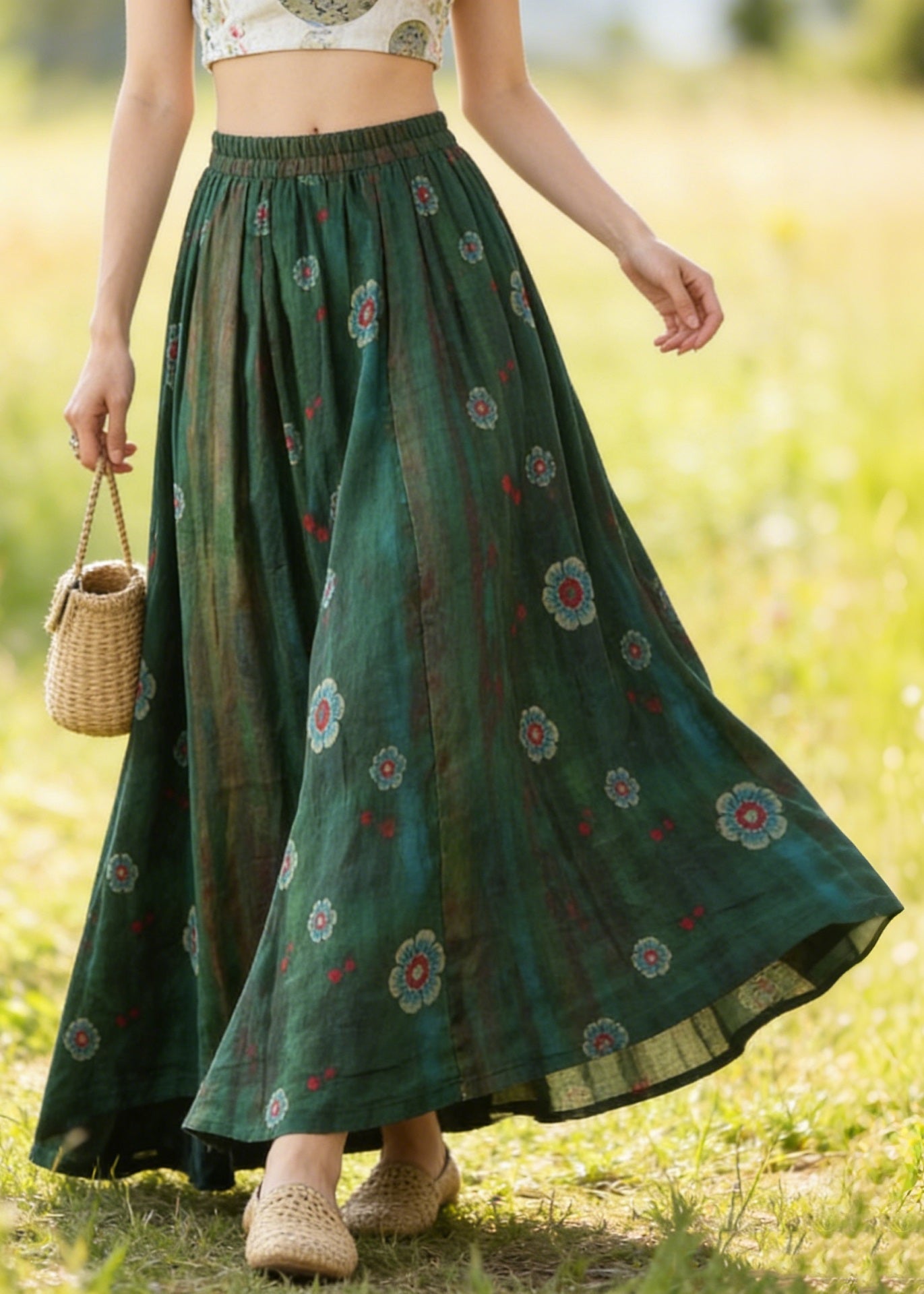 Green Elastic Waist Print Linen Skirts Summer