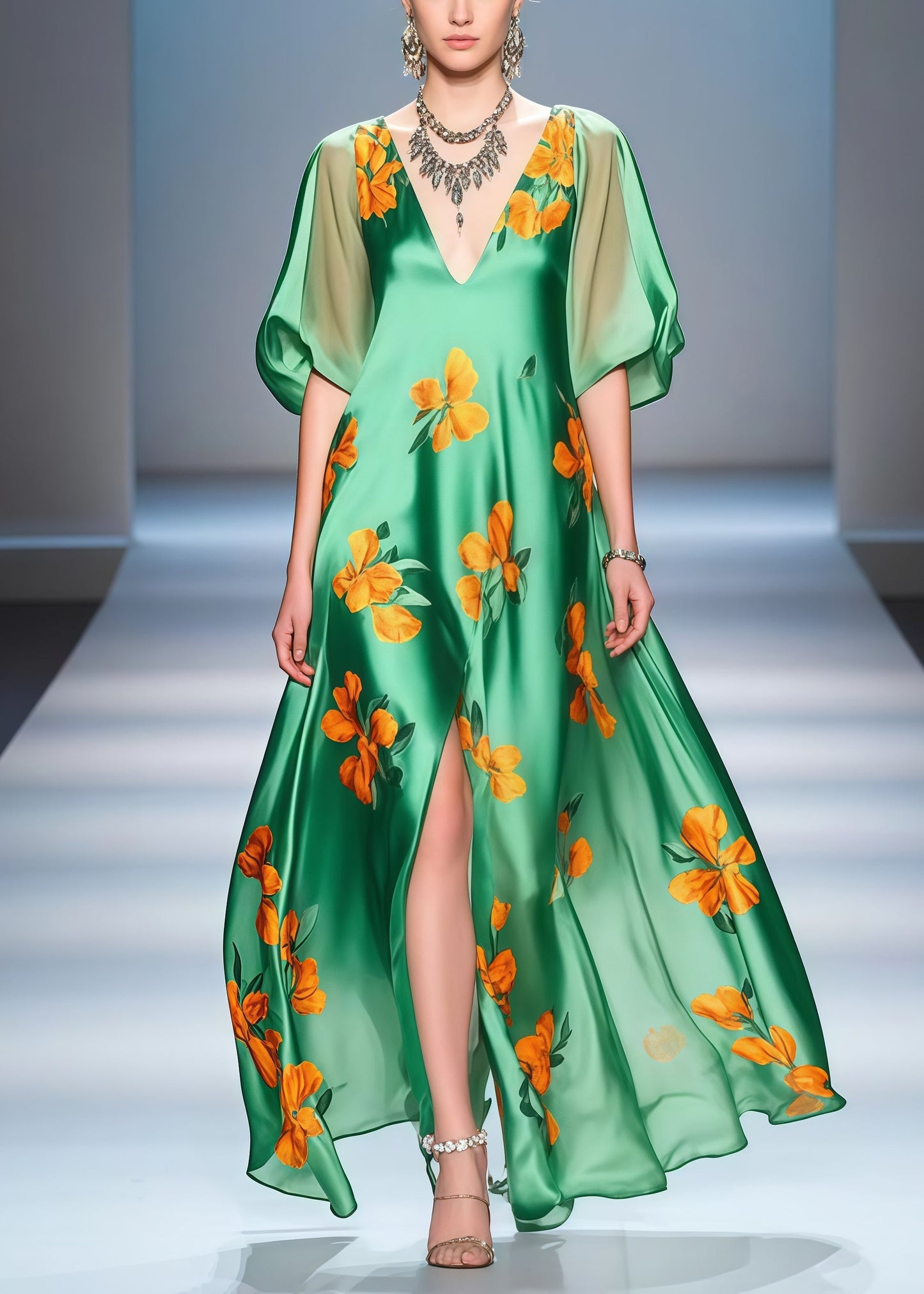 Green Print Side Open Draping Silk Party Dress Summer