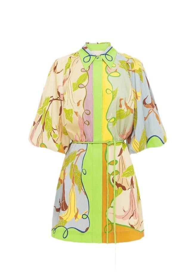Green Print Tie Waist Mid Dress Short Sleeve