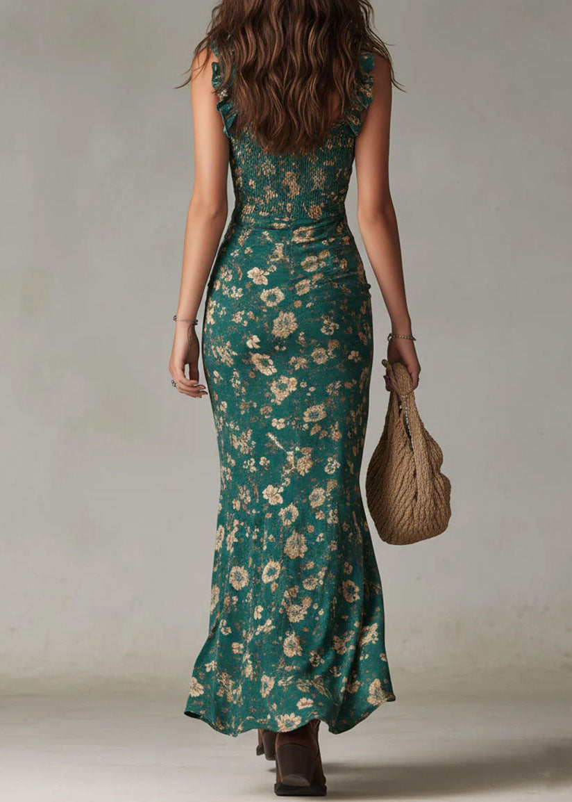 Green Ruffled Asymmetrical Print Chiffon Dress Summer