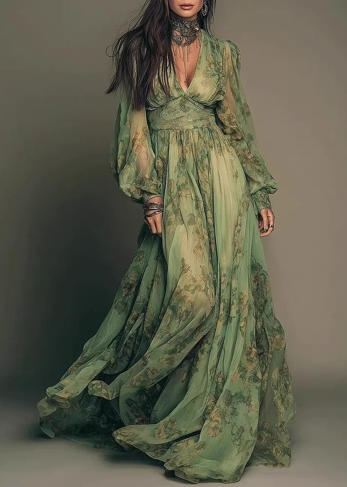 Green V Neck Print Chiffon Long Dress Summer