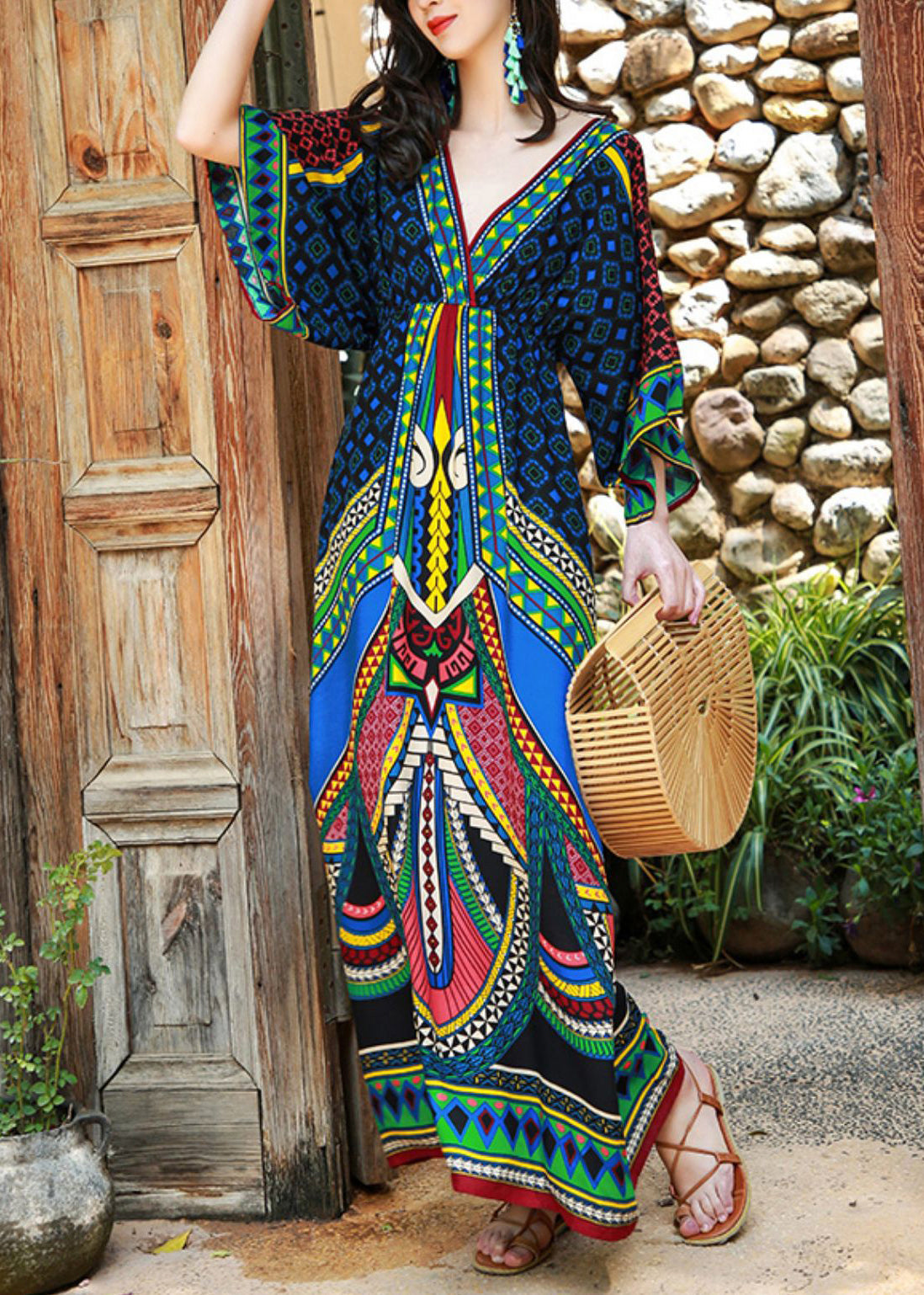 Green V Neck Print Patchwork Cotton Long Dresses Batwing Sleeve