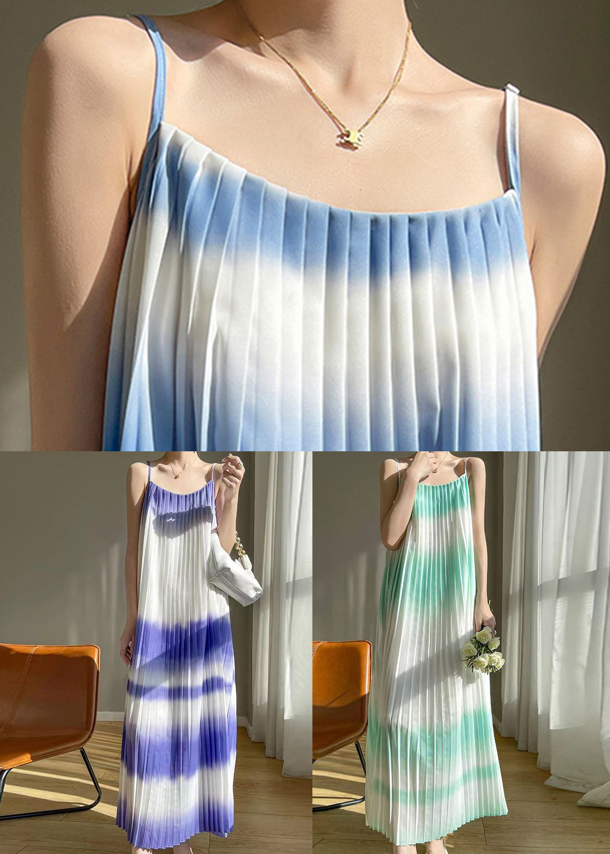 Green Wrinkled Cotton Spaghetti Strap Dress Sleeveless