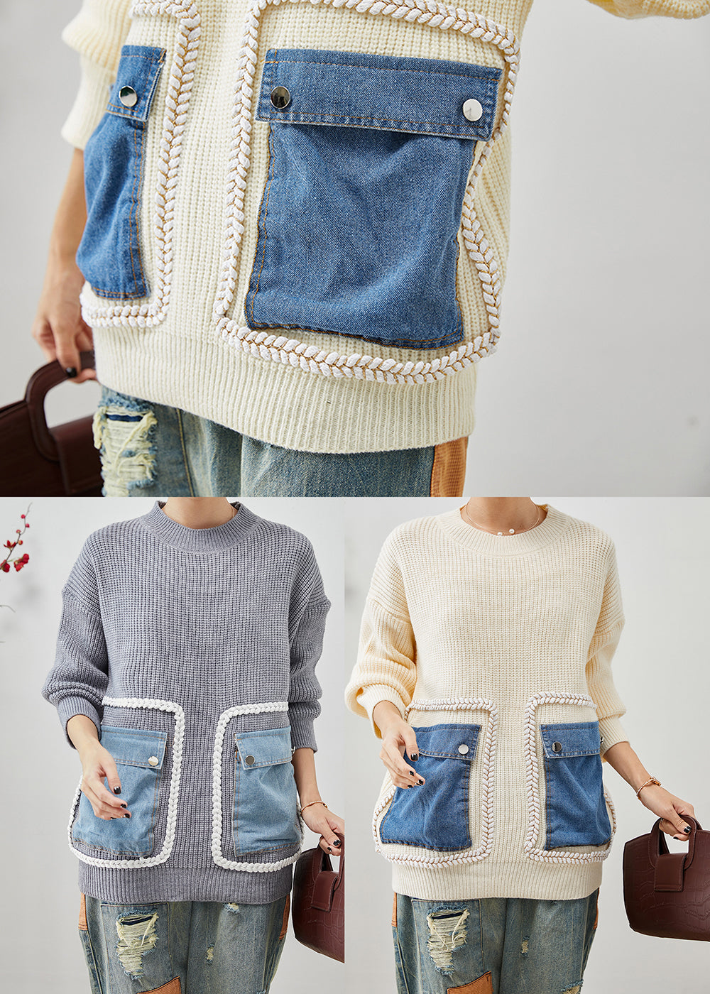 Grey Oversized Patchwork Pockets Knit Sweater Tops Winter