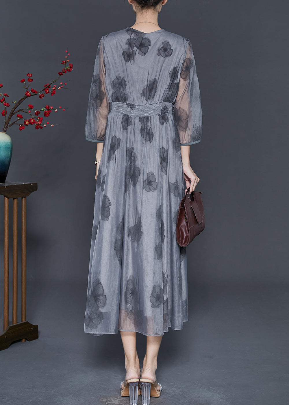 Grey Tasseled Print Silk Long Dress Bracelet Sleeve