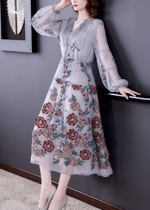 Grey V Neck Patchwork Embroideried Tulle Cinched Dress Spring