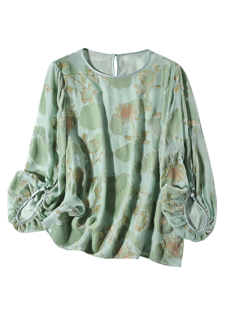 Light Green O-neck Print Velour Tops Long Sleeve