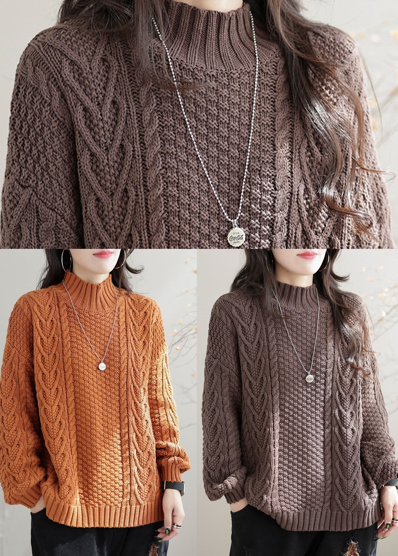 Orange High Neck Chunky Oversized Cable Knit Sweater Winter