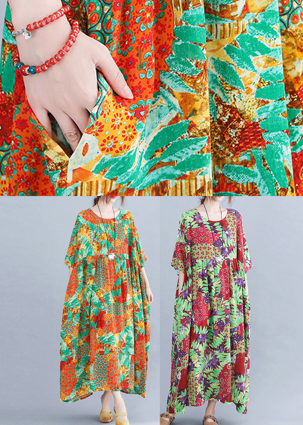 Orange O-neck Print Cozy Maxi Dresses Summer