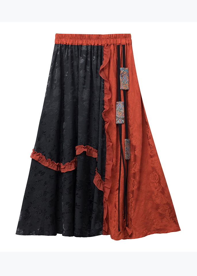 Orange Ruffled Jacquard Patchwork Silk Skirts Summer